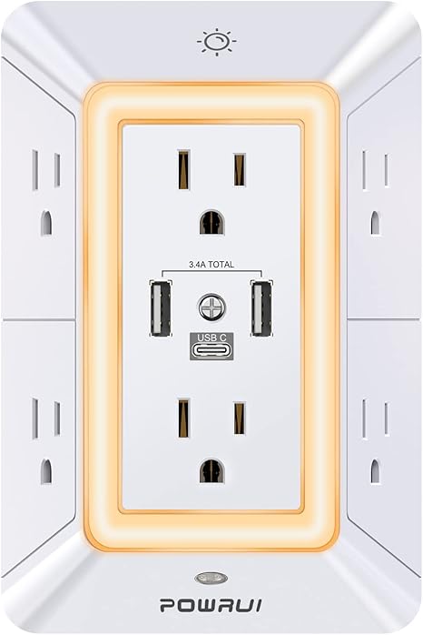 POWRUI 6-Outlet Surge Protector with 3 USB & Night Light