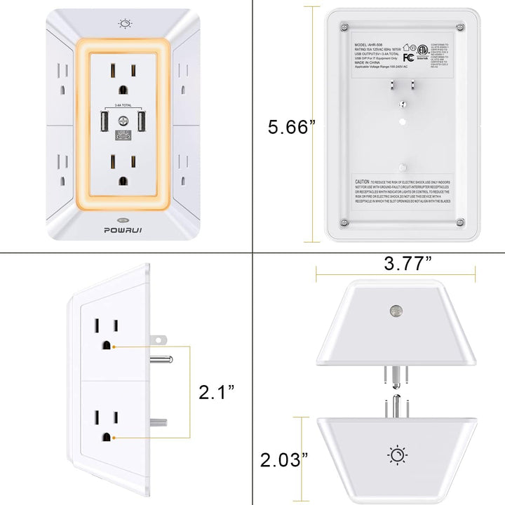 POWRUI 6-Outlet Surge Protector with 3 USB & Night Light
