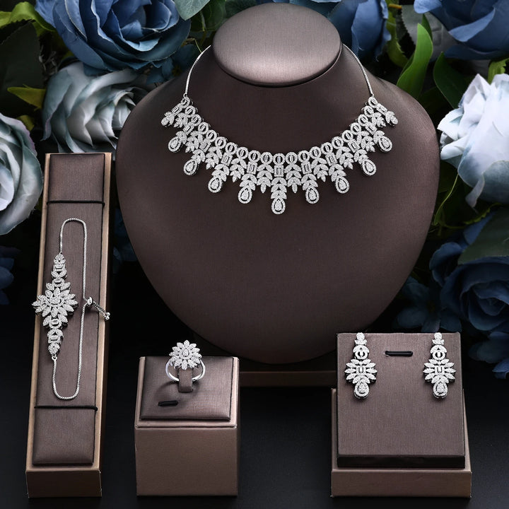 2025 Hot Sale Bridal Wedding Jewelry Sets for Women 4 Pieces Wedding Party Zirconia Necklace Bracelet with Adjustable Chain