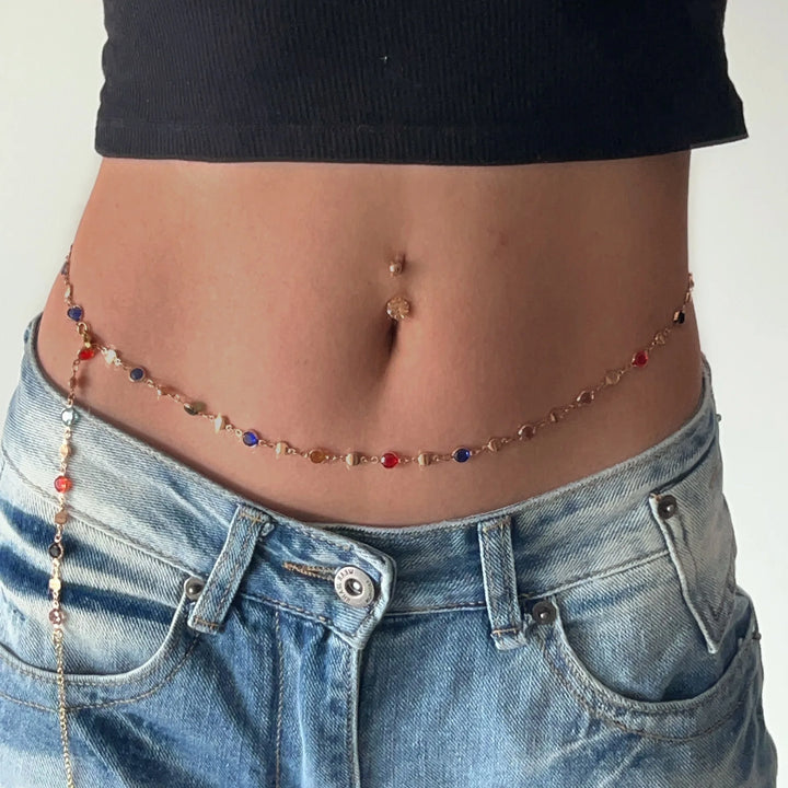 Fashion Colored Glass Crystal Waist Chain for Women Punk Summer Sexy Beach Bikini Body Jewelry Y2K Accessories