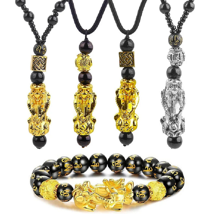 3Pcs/Set Pixiu Bracelet Ring Necklace Feng Shui Buddhist Obsidian Bead Bead Bracelet Men's Women Wealth Good Luck Accessories
