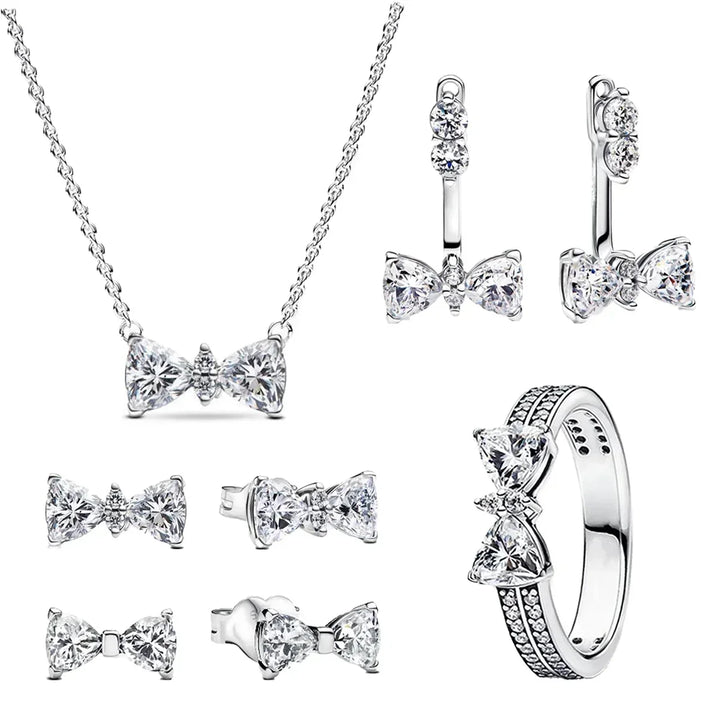 New Original 925 Sterling Silver Crown Bow Heart Set Ring Necklace Earring Crystal Women Valentine's Birthday Gift DIY Jewellery