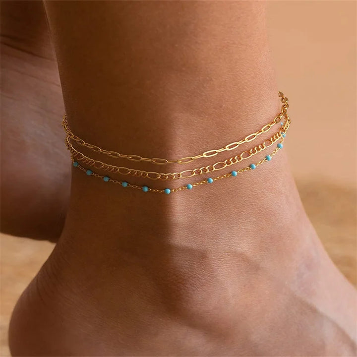 Trendy Turquoise Multilayer Chain Anklets For Women Vintage Gold Silver Color Stackable Anklet Summer Jewelry Accessories Gifts