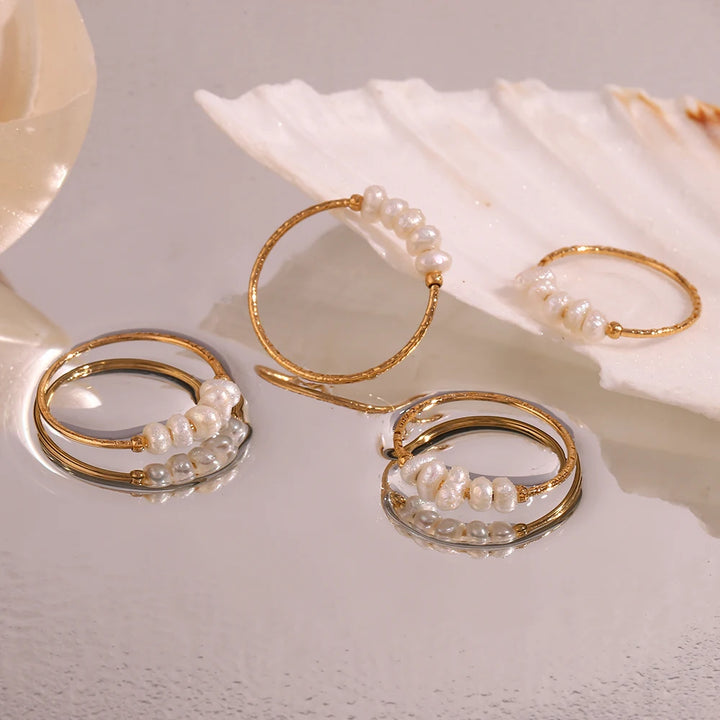 E.B.belle Elegant crushed freshwater pearls can be stacked stainless steel ring woman gold plated jewellery women Decoration