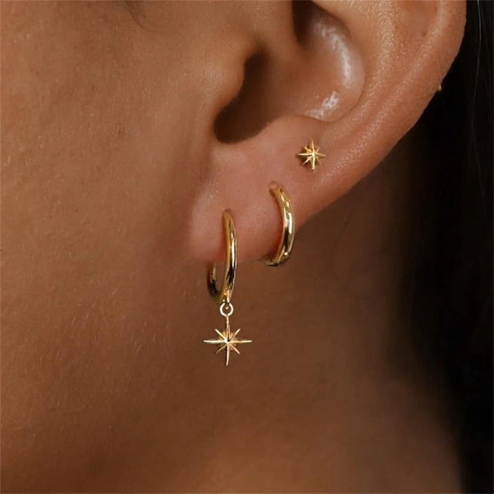 3 Piece Fashion Stainless Steel Round Star Drop Earrings Set for Women 18K Golden Plated Dangle Earring Punk Unisex Rock Jewelry