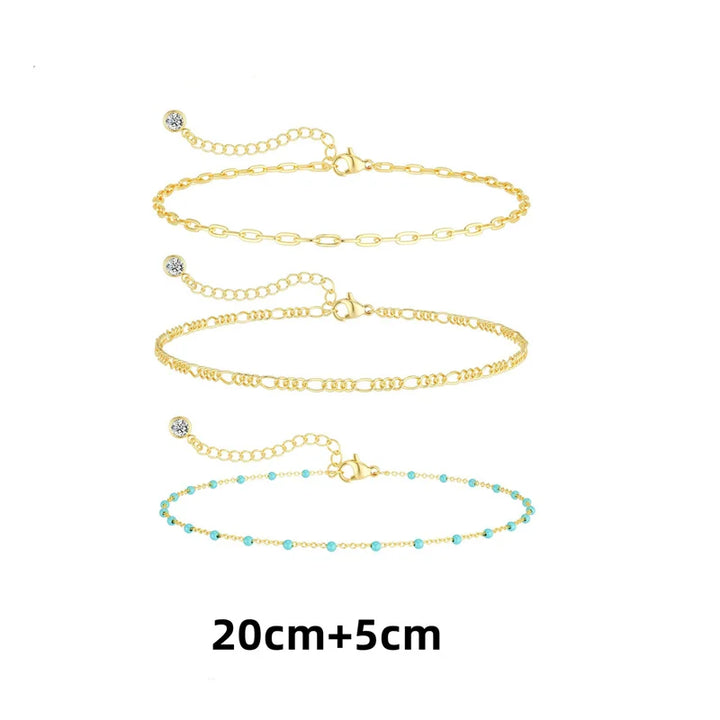 Trendy Turquoise Multilayer Chain Anklets For Women Vintage Gold Silver Color Stackable Anklet Summer Jewelry Accessories Gifts