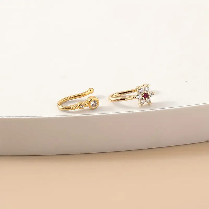 Bohemian Style Adjustable U-shaped Nose Clip with Red Zirconia - No Piercing Required Fake Nose Ring Jewelry