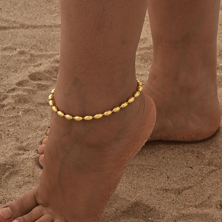 Beaed Ball Anklet Bracelet for Women, Waterproof Adjustable Link, 3mm 5mm Stainless Steel Stackable Gold Plated Anklet Jewelry