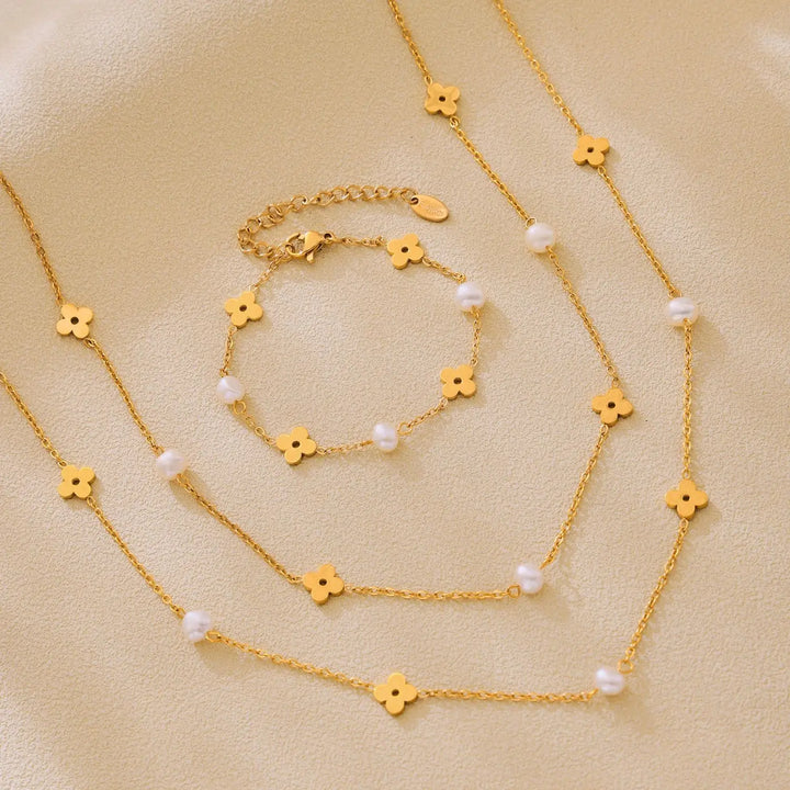Liora Elegant Freshwater Pearl Stainless Steel Jewelry Sets Flower Choker Necklaces Bracelets For Women PVD Gold Plated Jewelry