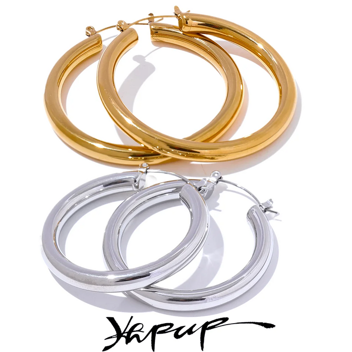 Yhpup Minimalistic Big Sleek Metal Round Hollow Hoop Earrings Anti Allergic 316L Stainless Steel Trendy Simple Ear Jewelry