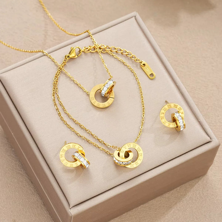 4Pcs/Set Stainless Steel Crystal Necklace Bracelet Earrings for Women Gold Color Interlocking Circles Roman Numbers Jewelry Sets