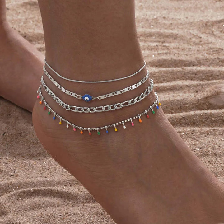 Silver Color Anklet Bracelets for Women Waterproof, Stainless Steel Layered Cuban Chain Herringbone Anklets Summer Beach Gift