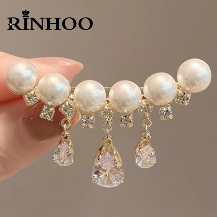 Rinhoo Fashion Imitation Pearl Zircon Tassel Safety Pins For Women Simple Snowflake Flower Brooch Bouquet Clothes Badges Jewelry