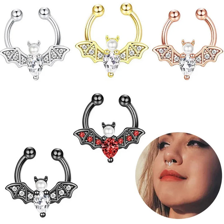 1/4PCS Crystal Bat Fake Nose Ring Septum Jewelry Stainless Steel Non Piercing Cuff Earring Rook Faux Clip on Hoop