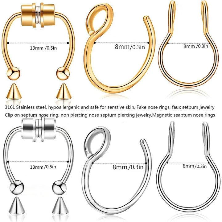 3Pcs Fake Nose Ring Magnetic Septum Ring Fake Nose Ring Hoop Stainless Steel Horseshoe Clip On Nose Ring No-Pierced Septum Ring