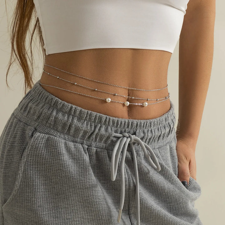 Sexy and Minimalist Imitation Pearl Chain Metal Waist Chain Mixed and Stacked Fashion Girl Beaded Woven Body Chain Belly Chain