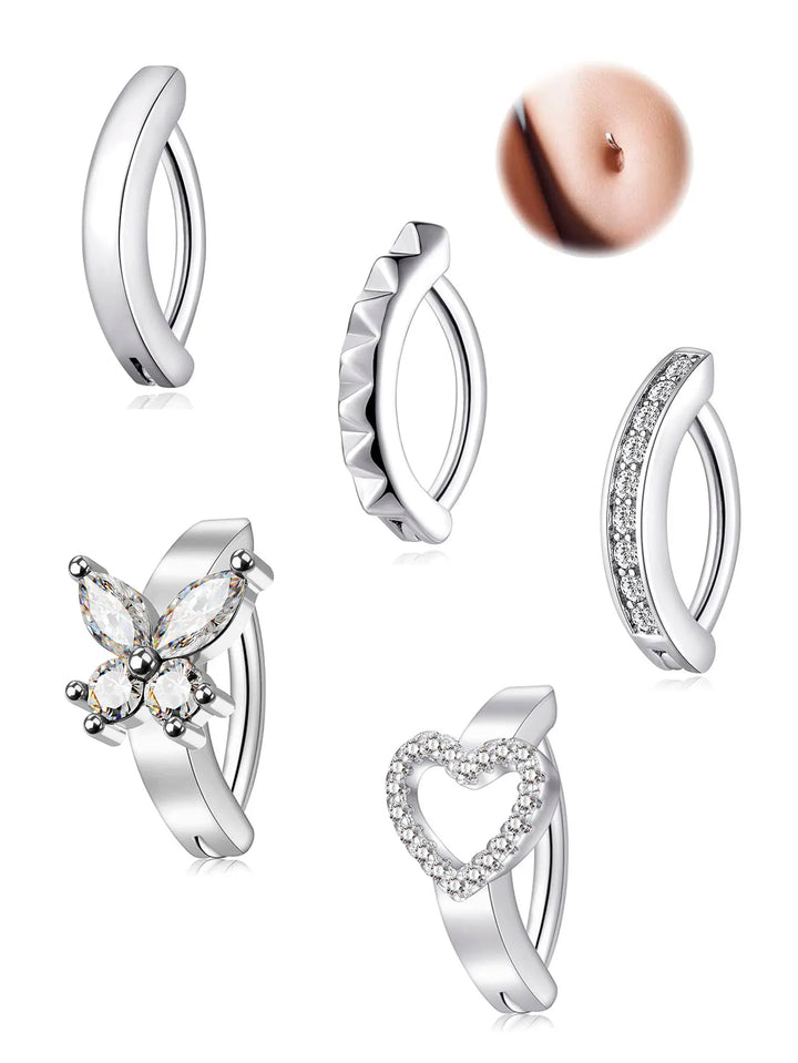 Stainless Steel CZ Butterfly Belly Button Ring Piercing Heart Navel Barbell Jewelry Plated 18K Gold Reverse Curved Belly Rings