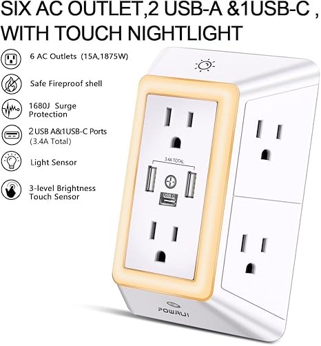 POWRUI 6-Outlet Surge Protector with 3 USB & Night Light