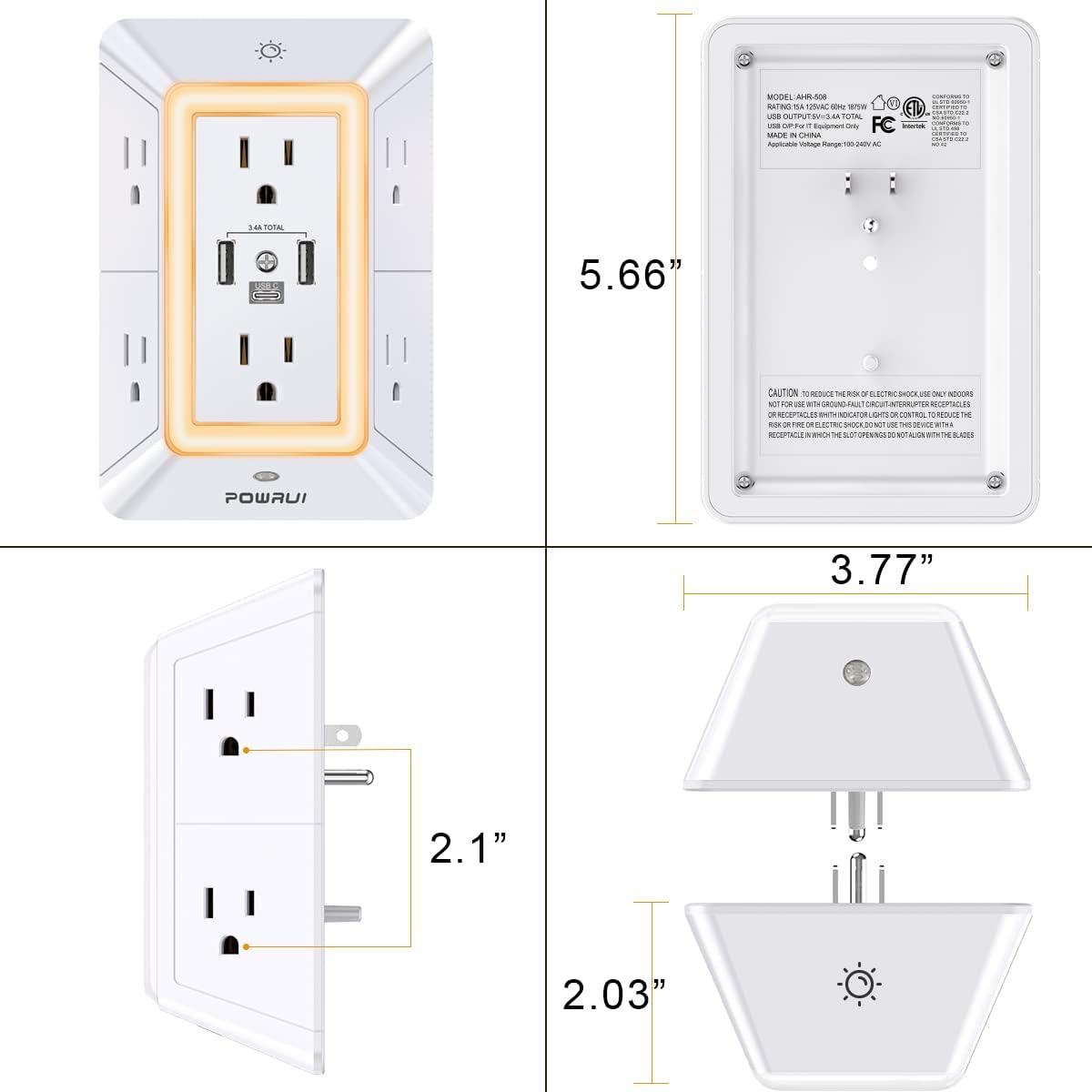 POWRUI 6-Outlet Surge Protector with 3 USB & Night Light