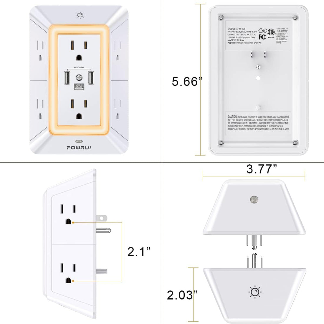 POWRUI 6-Outlet Surge Protector with 3 USB & Night Light