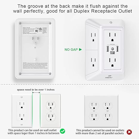 POWRUI 6-Outlet Surge Protector with 3 USB & Night Light