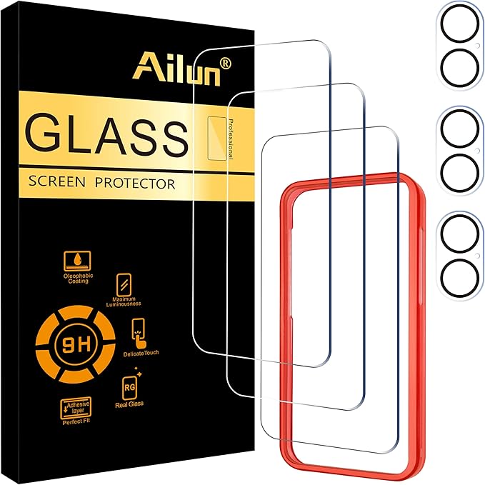 Ailun 3-Pack Tempered Glass Screen Protector + 3 Camera Lens Protector for iPhone 16 series