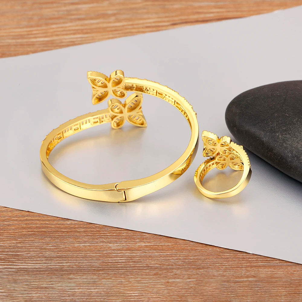 Nidin Fashion Cute Butterfly Shape Sparkling Zircon Jewelry Sets Rings Bangle For Women Elegant Aesthetic Accessories Party Gift