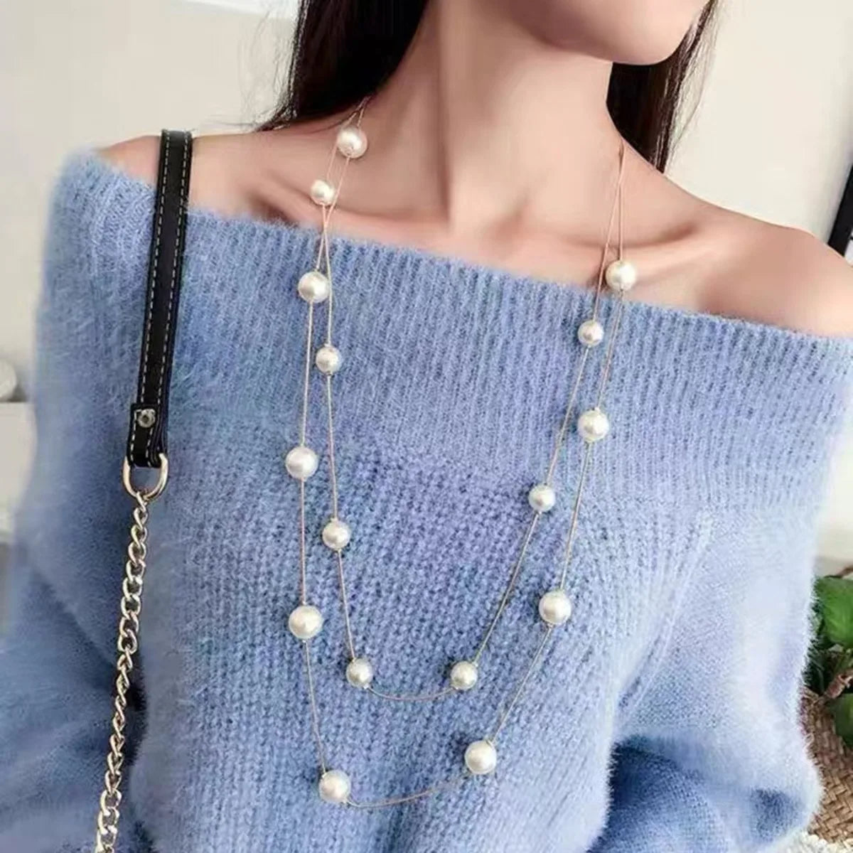 Double Layer Imitation Pearl Necklaces Women Adjustable Korean Version Metal Accessories Jewelry Sweater Chain