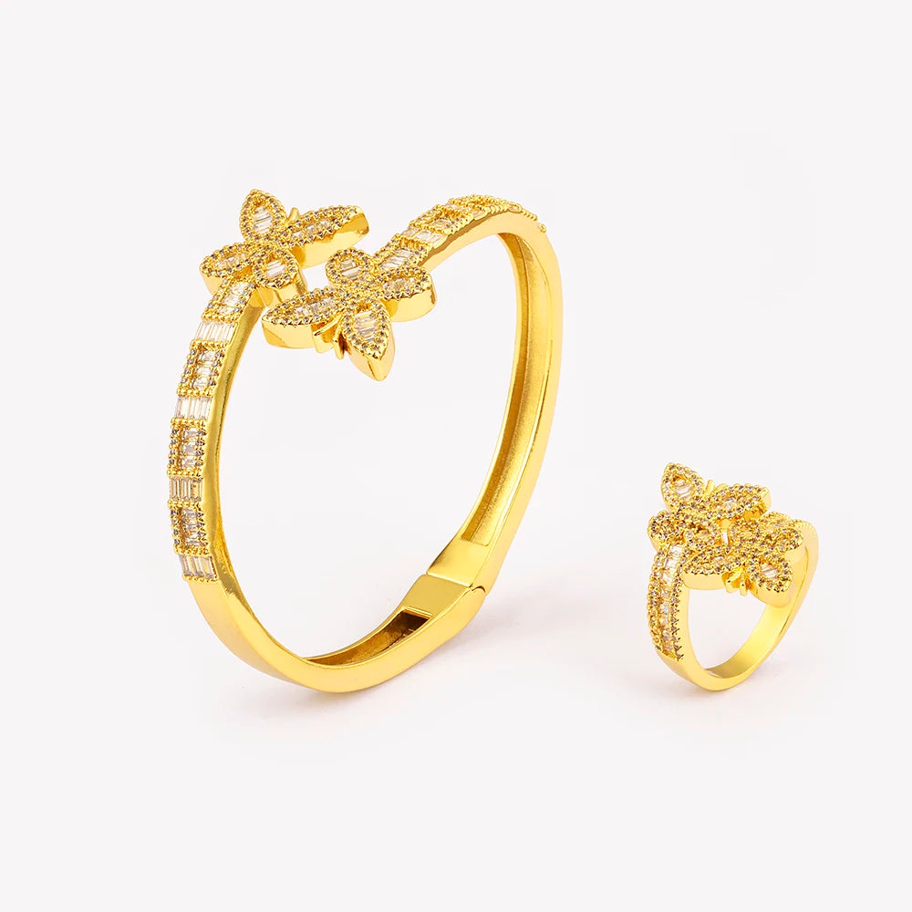 Nidin Fashion Cute Butterfly Shape Sparkling Zircon Jewelry Sets Rings Bangle For Women Elegant Aesthetic Accessories Party Gift