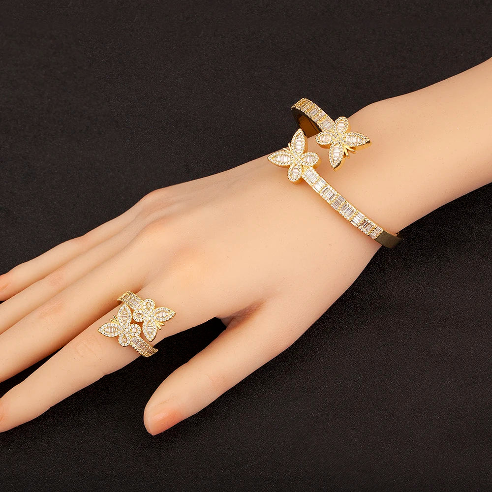 Nidin Fashion Cute Butterfly Shape Sparkling Zircon Jewelry Sets Rings Bangle For Women Elegant Aesthetic Accessories Party Gift