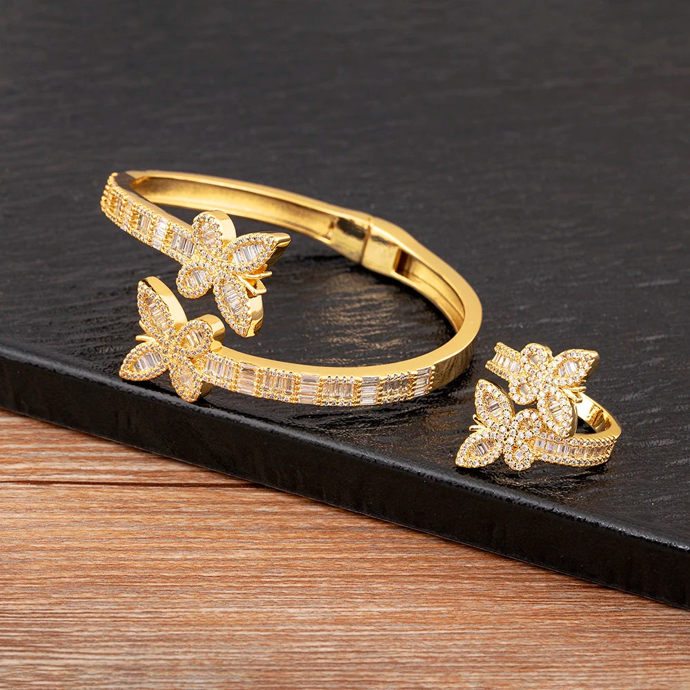 Nidin Fashion Cute Butterfly Shape Sparkling Zircon Jewelry Sets Rings Bangle For Women Elegant Aesthetic Accessories Party Gift