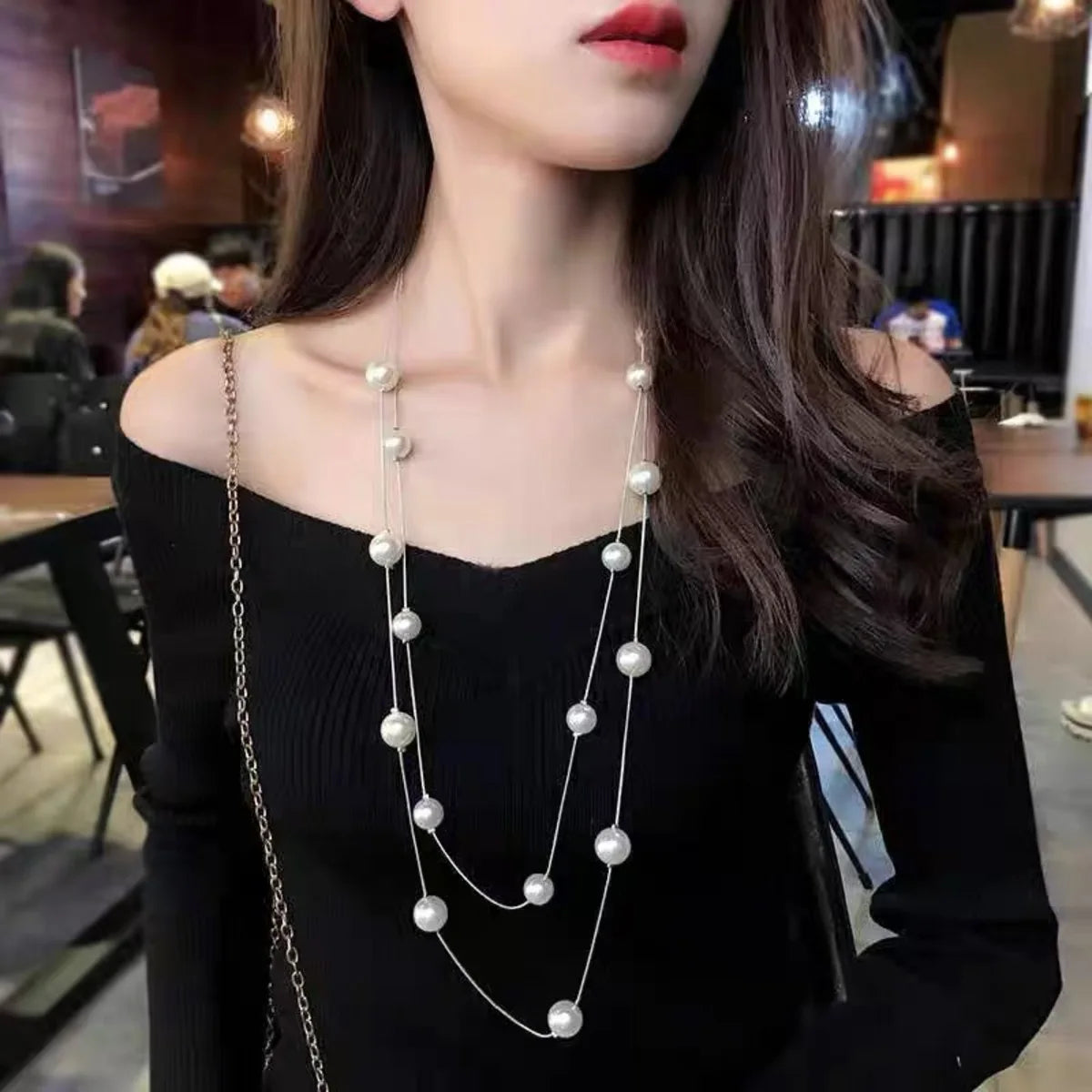 Double Layer Imitation Pearl Necklaces Women Adjustable Korean Version Metal Accessories Jewelry Sweater Chain