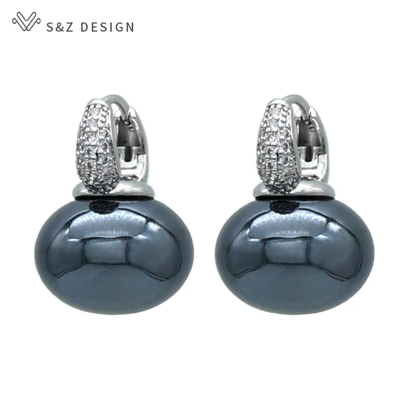 S&Z DESIGN New Fashion Bread Round Big Pearl Dangle Earrings For Women Wedding Jewelry Gift Temperament Cubic Zirconia Eardrop