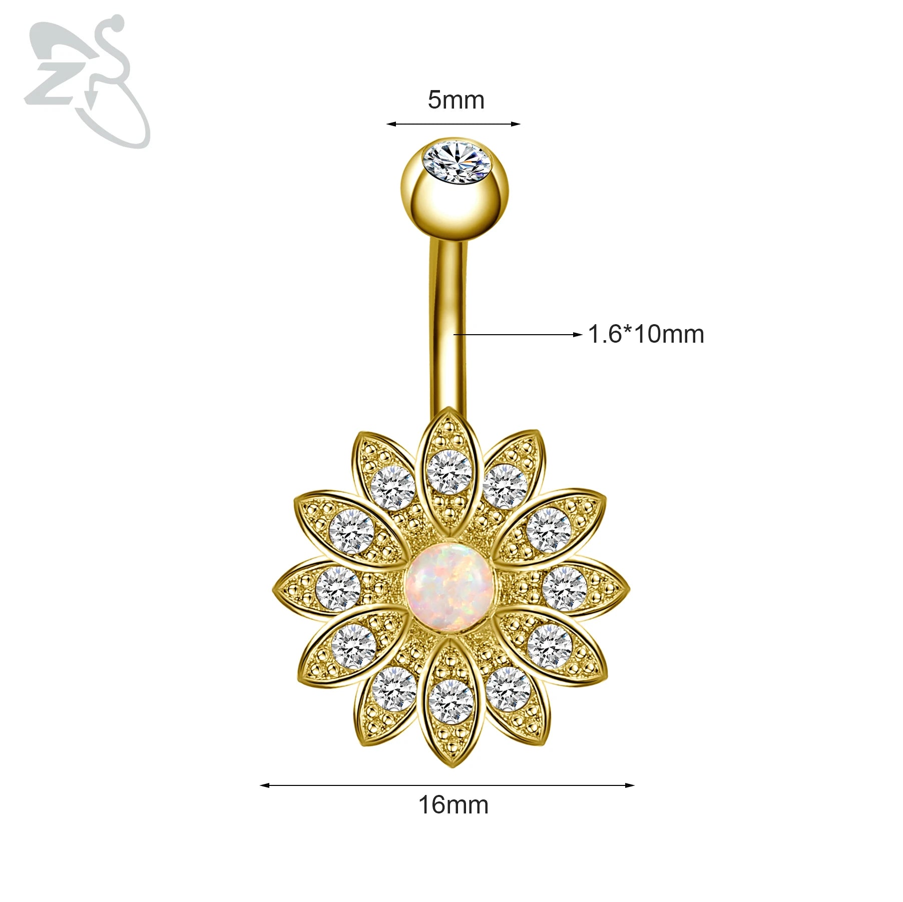 ZS 1 Piece Gold Color Stainless Steel Belly Ring Flower Heart CZ Crystal Navel Belly Button Rings Butterfly Navel Piercings 14G
