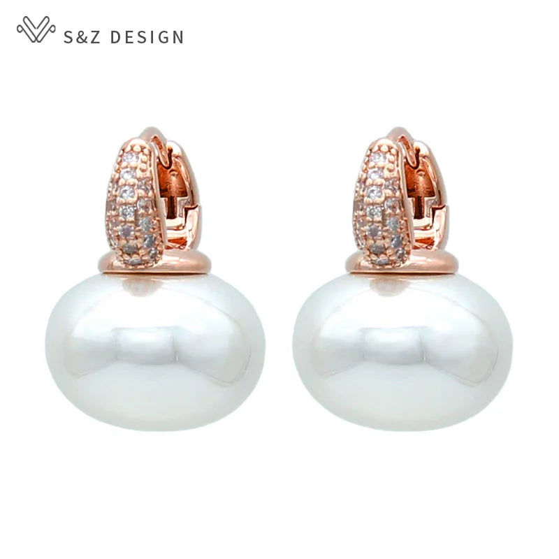 S&Z DESIGN New Fashion Bread Round Big Pearl Dangle Earrings For Women Wedding Jewelry Gift Temperament Cubic Zirconia Eardrop