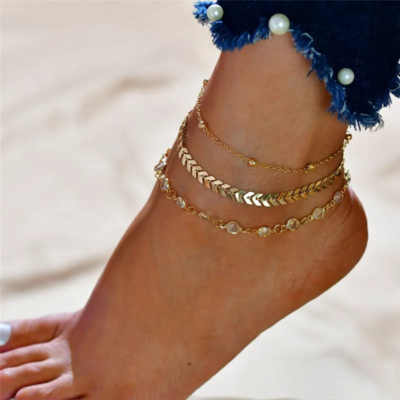 LETAPI Two Layers Chain Heart Style Gold/Silver Color Anklets For Women Bracelets Summer Barefoot Sandals Jewelry On Foot Leg