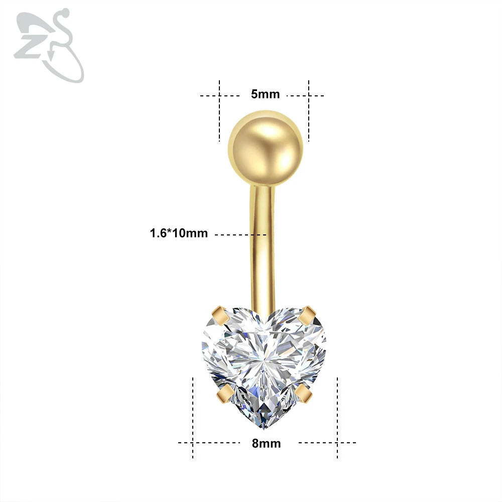 ZS 1 Piece Gold Color Stainless Steel Belly Ring Flower Heart CZ Crystal Navel Belly Button Rings Butterfly Navel Piercings 14G