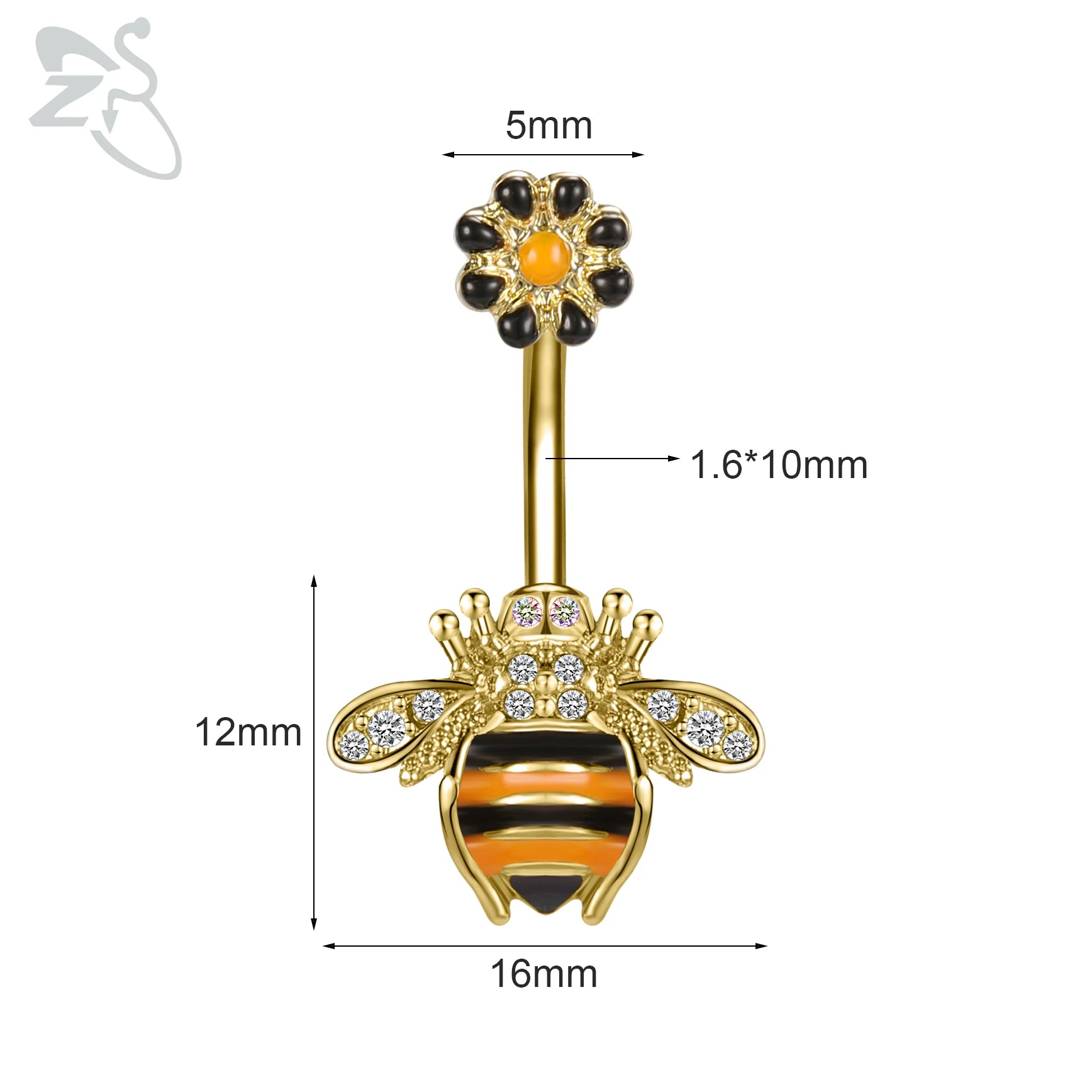 ZS 1 Piece Gold Color Stainless Steel Belly Ring Flower Heart CZ Crystal Navel Belly Button Rings Butterfly Navel Piercings 14G