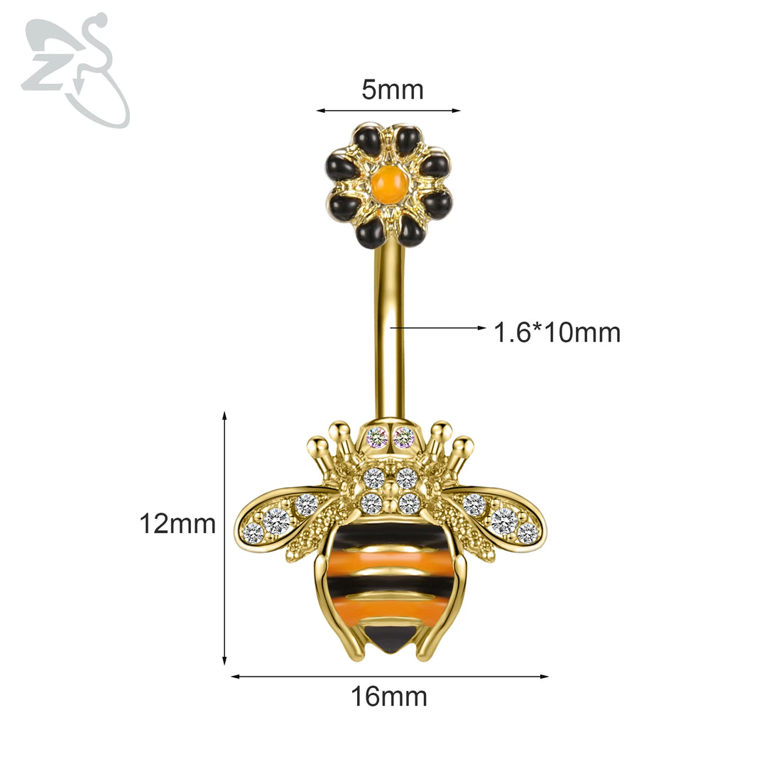 ZS 1 Piece Gold Color Stainless Steel Belly Ring Flower Heart CZ Crystal Navel Belly Button Rings Butterfly Navel Piercings 14G