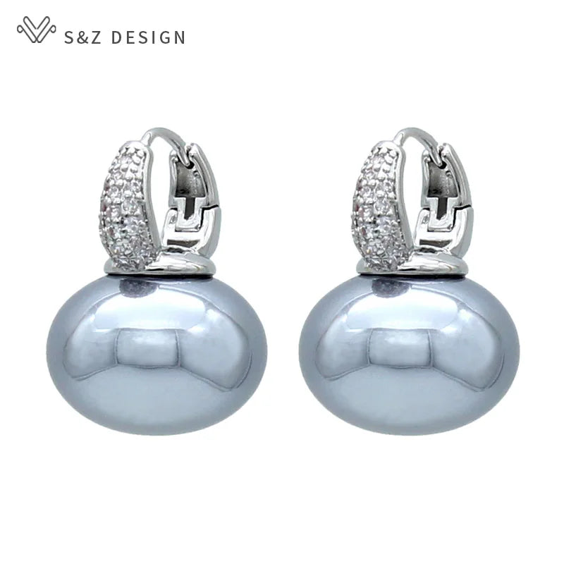S&Z DESIGN New Fashion Bread Round Big Pearl Dangle Earrings For Women Wedding Jewelry Gift Temperament Cubic Zirconia Eardrop