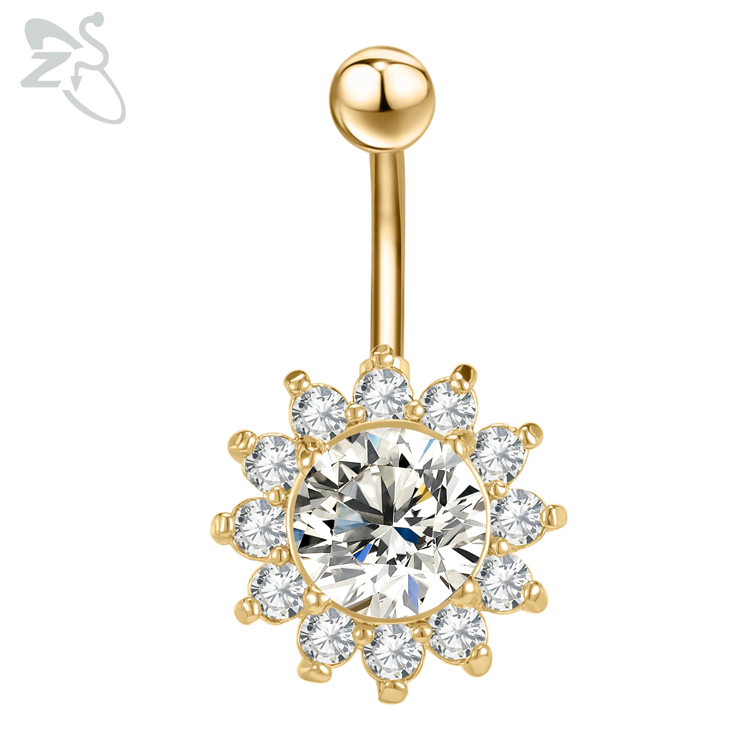ZS 1 Piece Gold Color Stainless Steel Belly Ring Flower Heart CZ Crystal Navel Belly Button Rings Butterfly Navel Piercings 14G