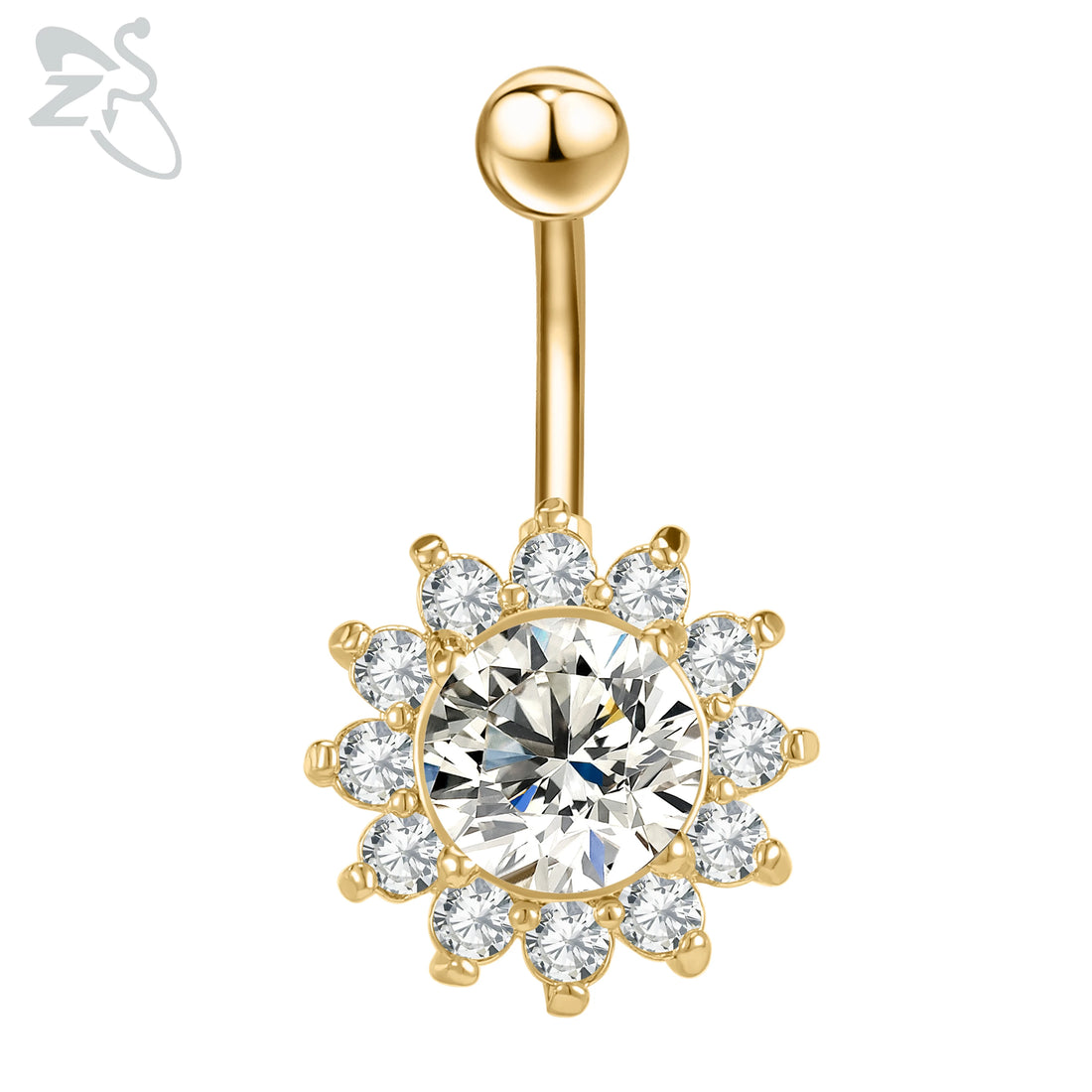 ZS 1 Piece Gold Color Stainless Steel Belly Ring Flower Heart CZ Crystal Navel Belly Button Rings Butterfly Navel Piercings 14G