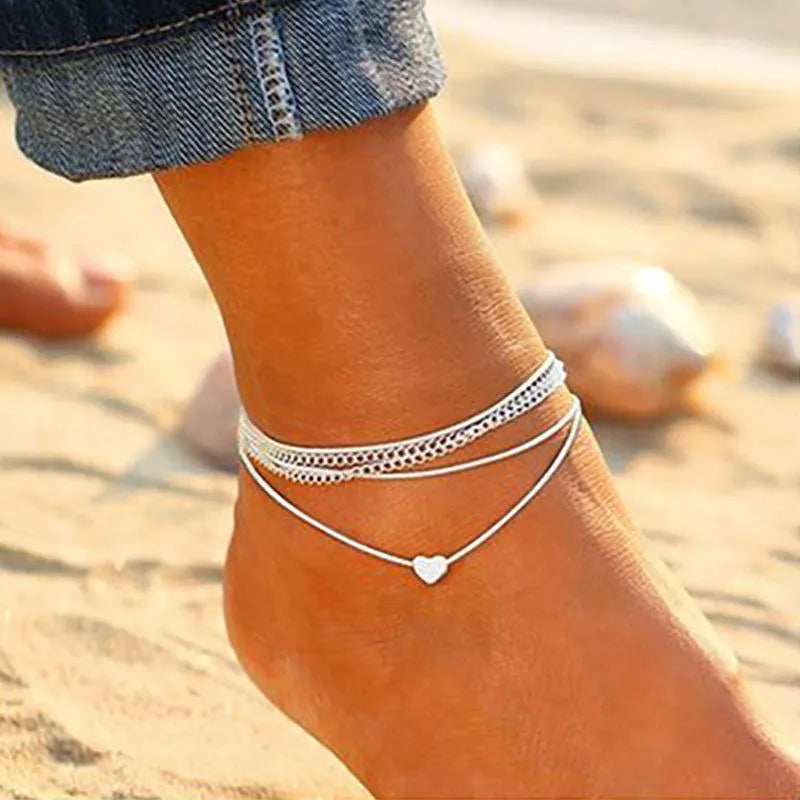 LETAPI Two Layers Chain Heart Style Gold/Silver Color Anklets For Women Bracelets Summer Barefoot Sandals Jewelry On Foot Leg