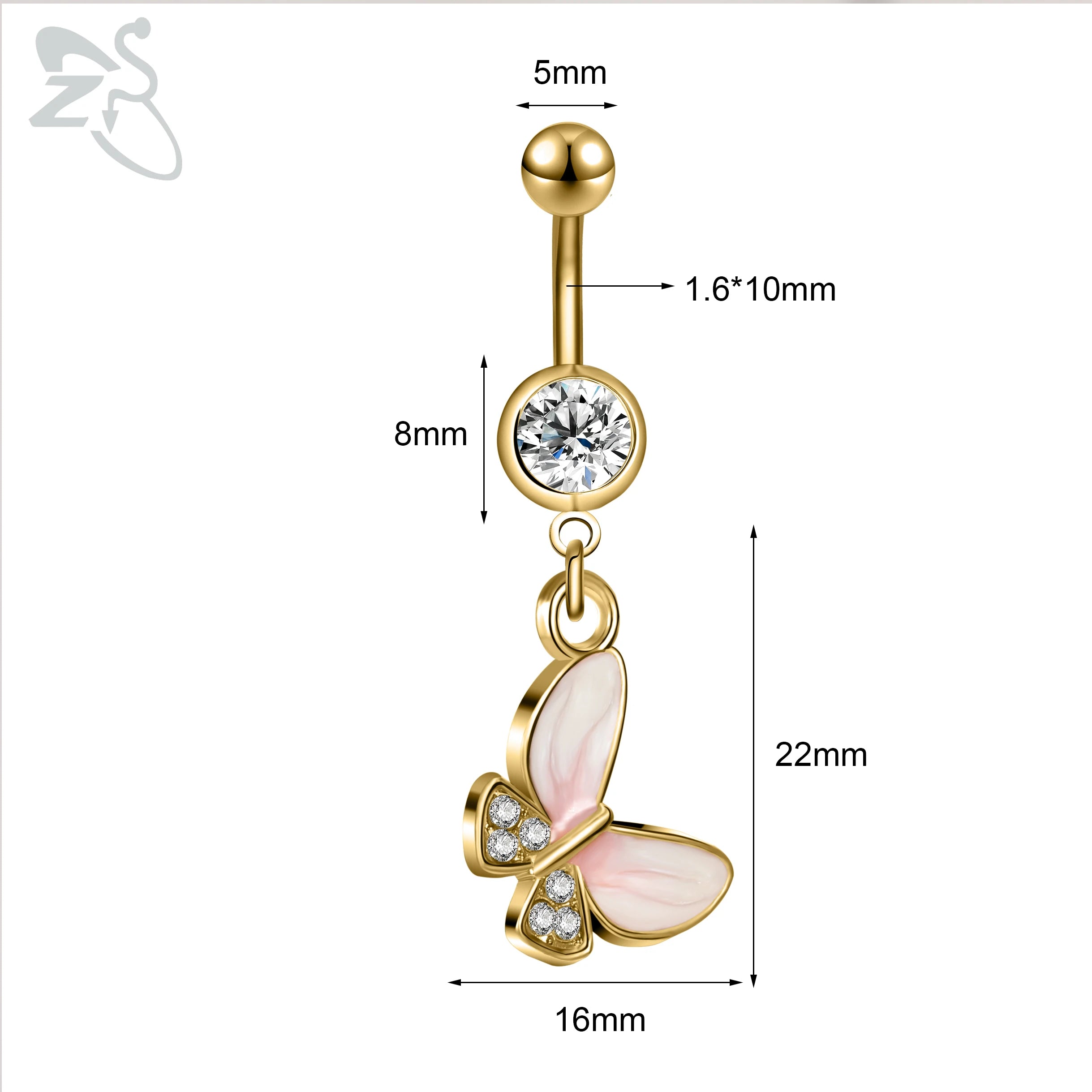 ZS 1 Piece Gold Color Stainless Steel Belly Ring Flower Heart CZ Crystal Navel Belly Button Rings Butterfly Navel Piercings 14G