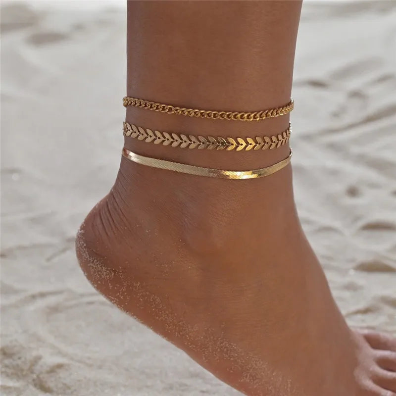 LETAPI Two Layers Chain Heart Style Gold/Silver Color Anklets For Women Bracelets Summer Barefoot Sandals Jewelry On Foot Leg