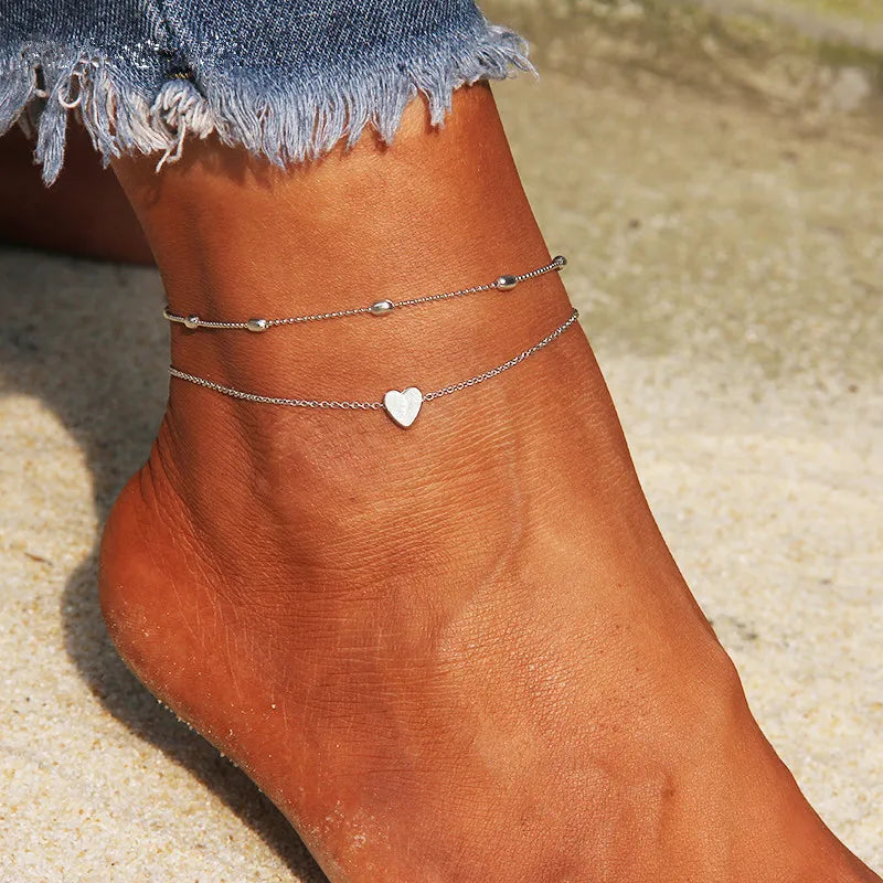 LETAPI Two Layers Chain Heart Style Gold/Silver Color Anklets For Women Bracelets Summer Barefoot Sandals Jewelry On Foot Leg