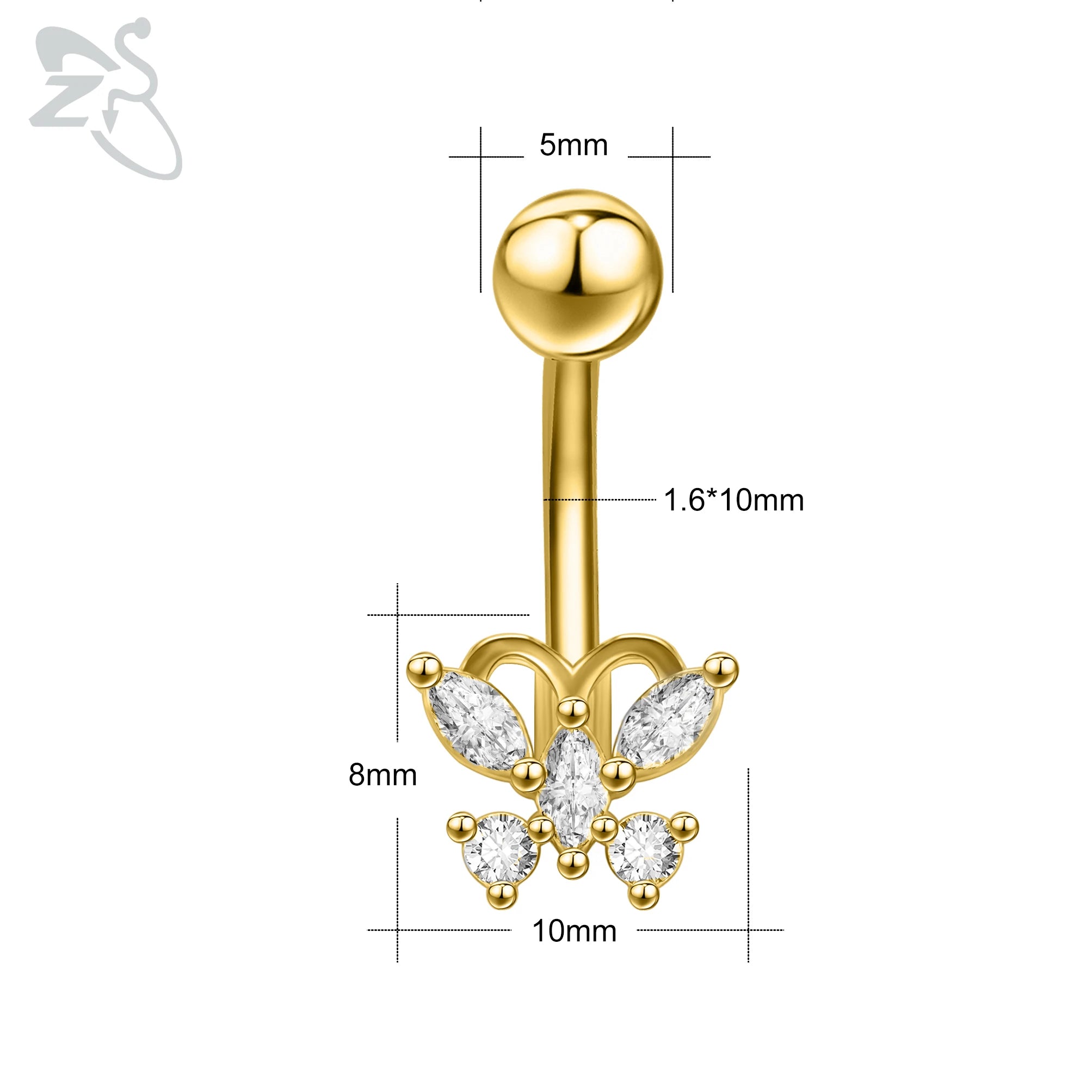ZS 1 Piece Gold Color Stainless Steel Belly Ring Flower Heart CZ Crystal Navel Belly Button Rings Butterfly Navel Piercings 14G