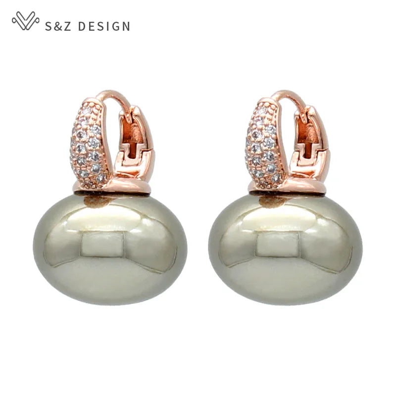 S&Z DESIGN New Fashion Bread Round Big Pearl Dangle Earrings For Women Wedding Jewelry Gift Temperament Cubic Zirconia Eardrop