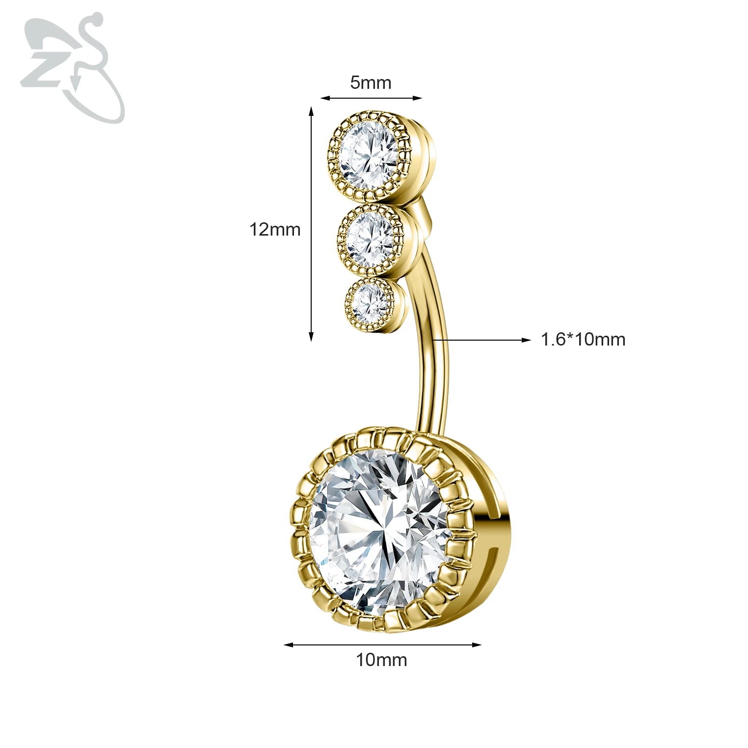 ZS 1 Piece Gold Color Stainless Steel Belly Ring Flower Heart CZ Crystal Navel Belly Button Rings Butterfly Navel Piercings 14G
