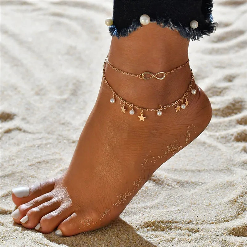 LETAPI Two Layers Chain Heart Style Gold/Silver Color Anklets For Women Bracelets Summer Barefoot Sandals Jewelry On Foot Leg